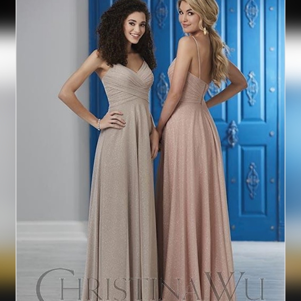 Christina Wu Shimmering Taupe Maxi Dress